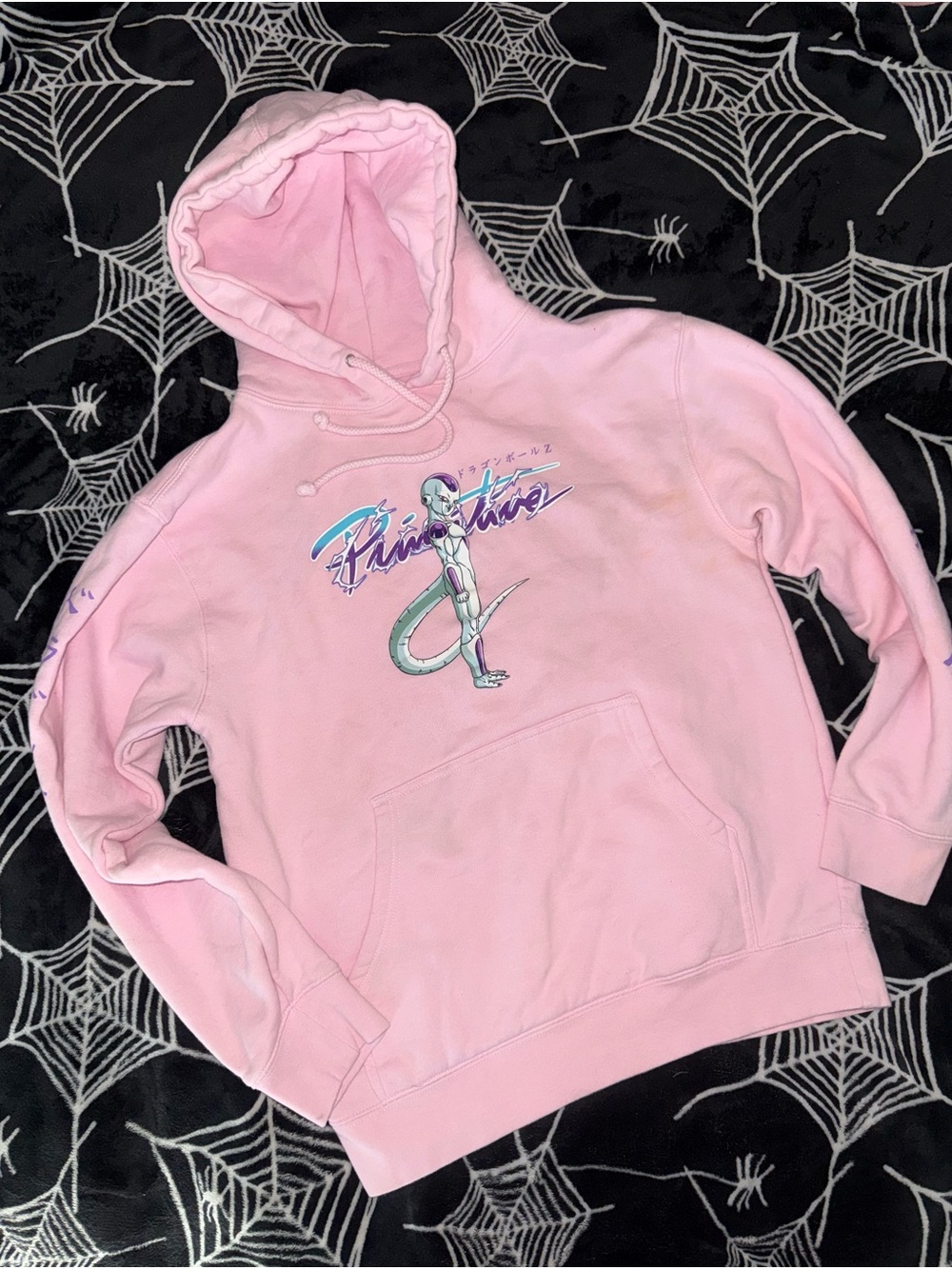 Pink Primitive hoodie with graphic of frieza from dragon ball z